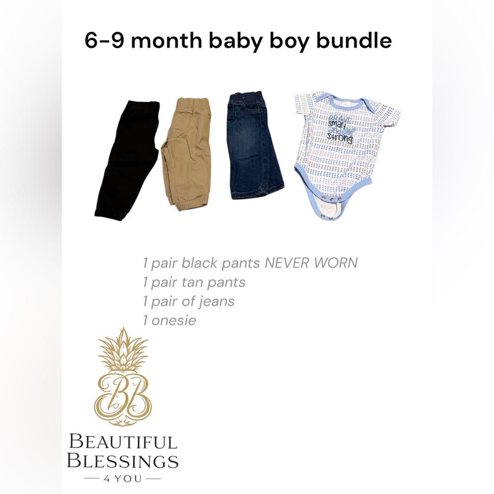 6-9 Month Baby Boy Bundle - 3 pairs of Garanimal Pants and Other Brand Onesie